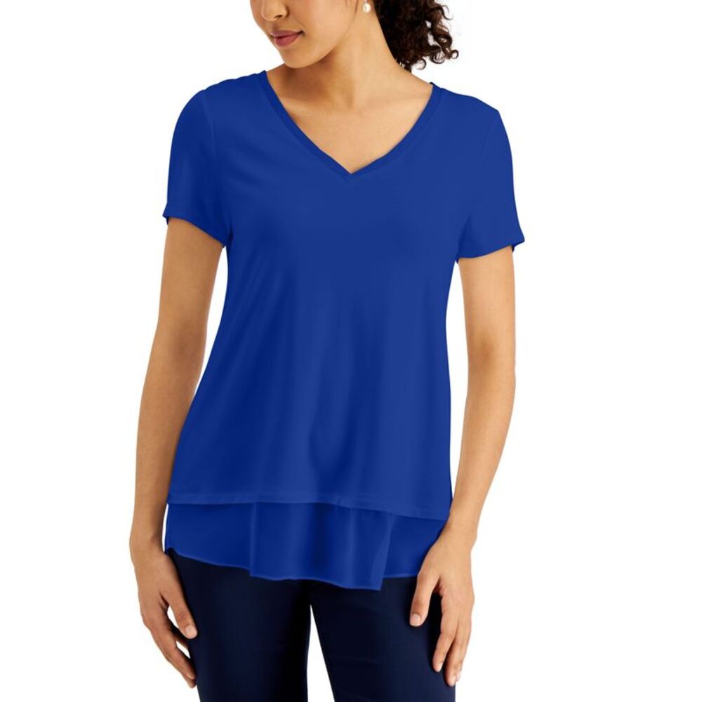 JM Collection V Neck Sheer Hem Top